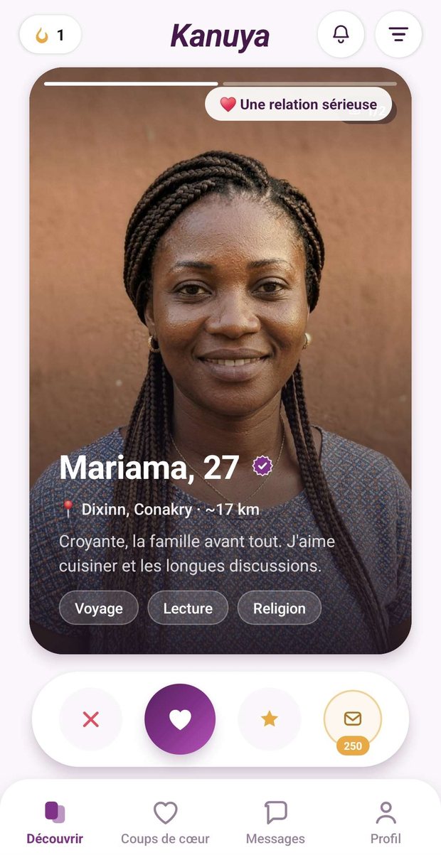 L'écran Découvrir : le profil de Mariama, 27 ans, à Dixinn.