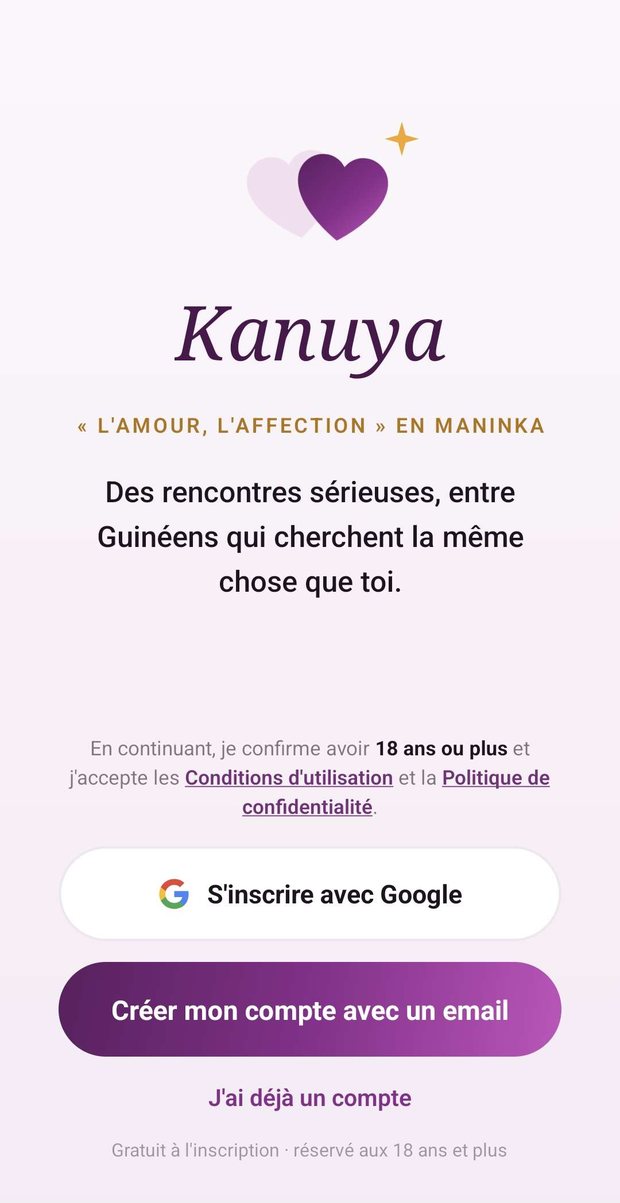L'écran d'accueil de Kanuya : « Des rencontres sérieuses, entre Guinéens qui cherchent la même chose que toi. »